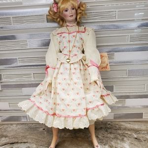 Hand Crafted Cream and Pink Heart Print Porcelain Doll with Gold Heart Necklace